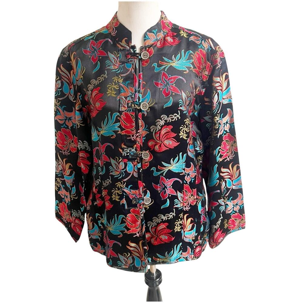 Chico’s Asian Inspired Brocade Jacket Mandarin Collar Silk Blend Size 3/Large